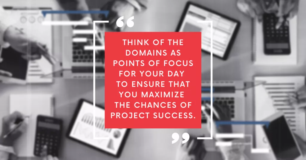 Quote: Think of the domains as points of focus for your day to ensure that you maximize the chances of project success. PMBOK's 8 Performance Domains from planning to delivery. 